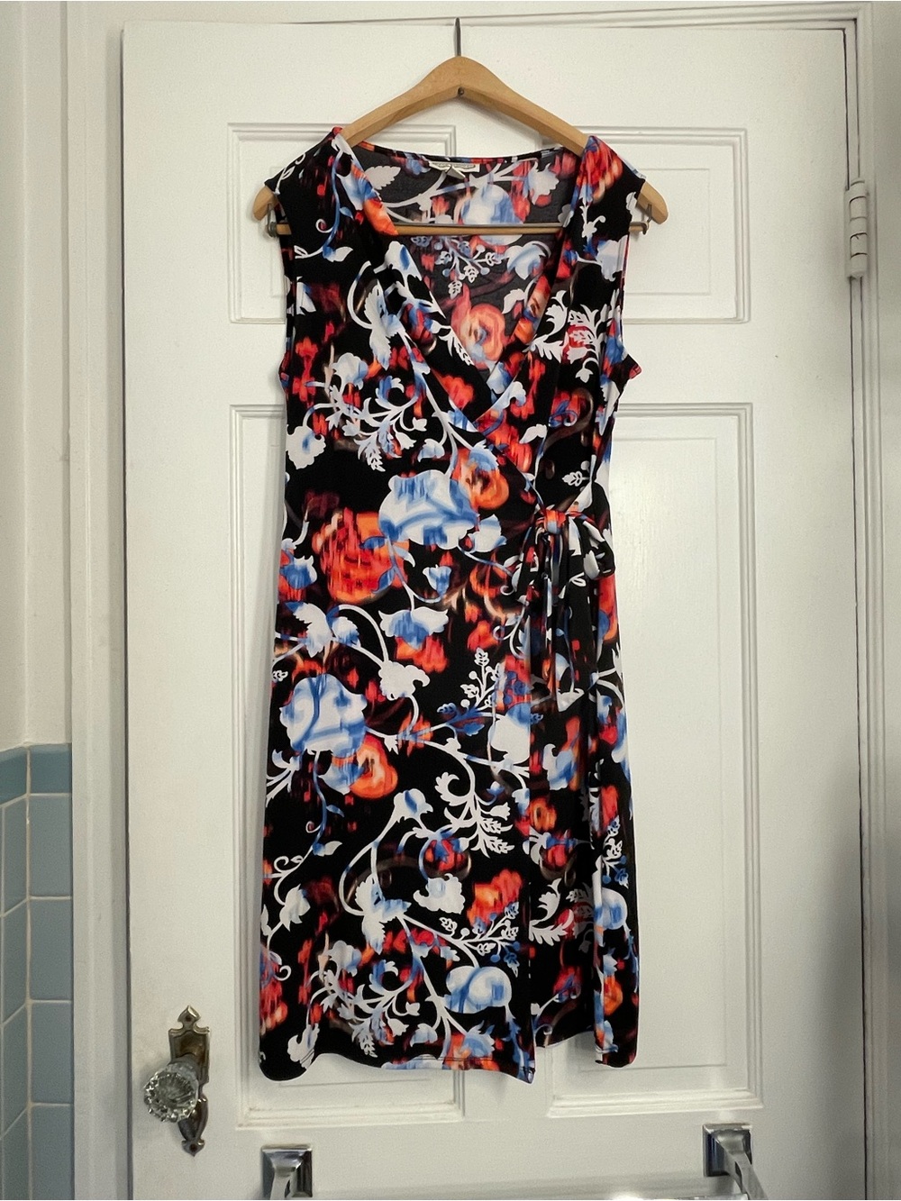 Dana Buchman Black Floral Wrap Midi Dress with Red & Blue Accents